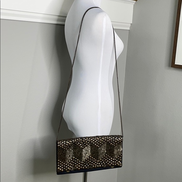 Ecoté Bronze Metal and Black Chevron Embellished Chain Clutch - Picture 3 of 10